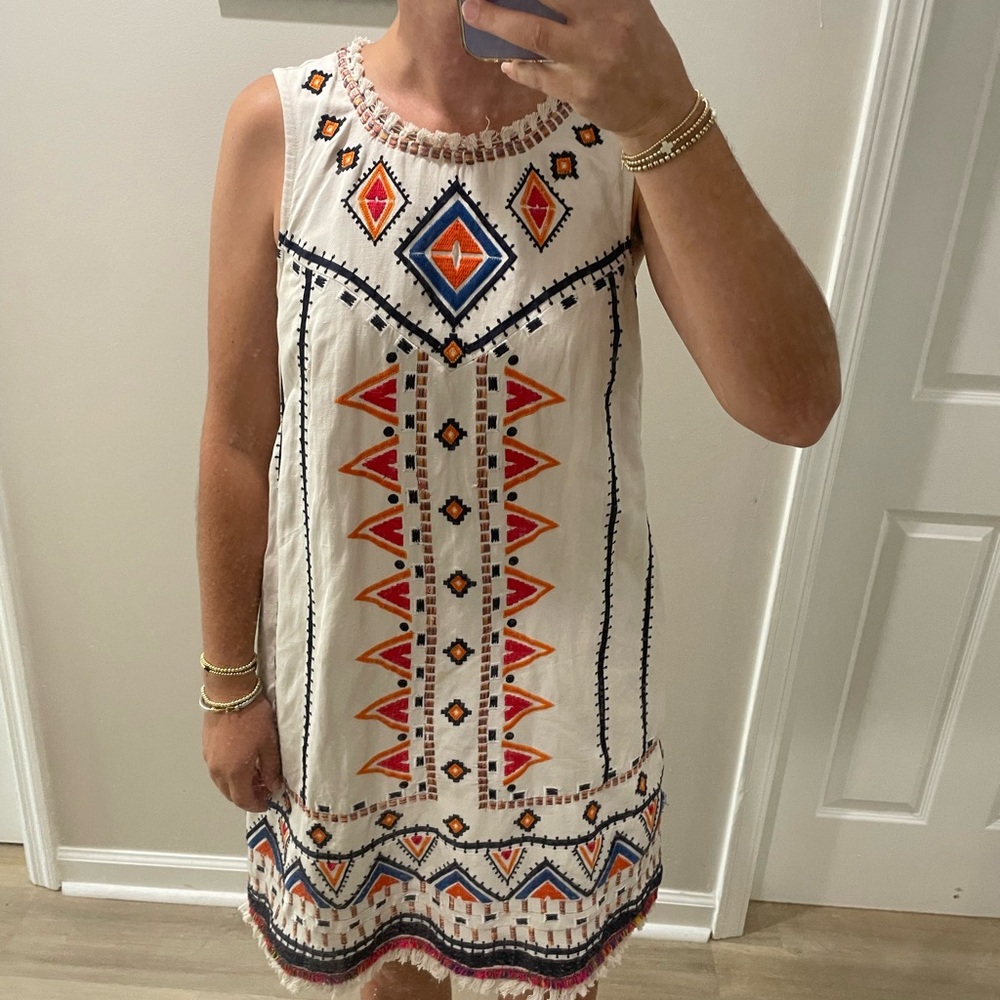 Anthropologie Geometric Embroidered Mini Dress - White and Orange
